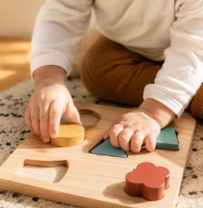 Laboratorio Sensoriale 0–3 anni: bambino che gioca con un puzzle di legno — stanza core
